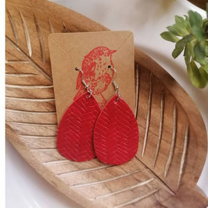 Faux Leather Red Braided Textured Dangle Teardrop Earrings